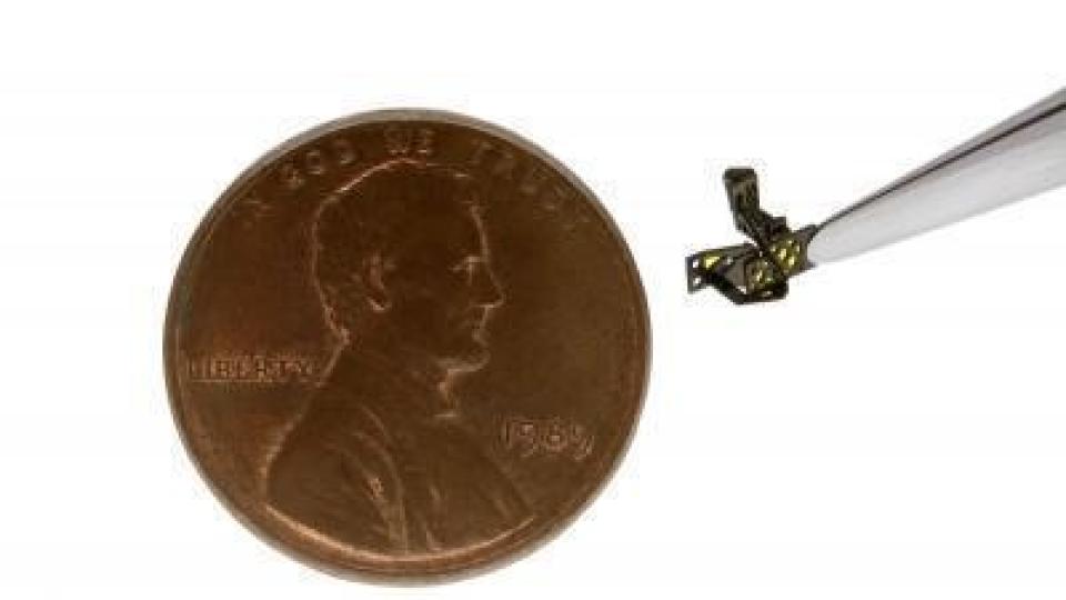LITEN: Roboten ved siden av en mynt. Den er fem millimeter lang og veier et hundredels gram. Roboten kan fly under sv�rt vanskelige forhold. Foto: Pratheev S. Sreetharan/Harvard University