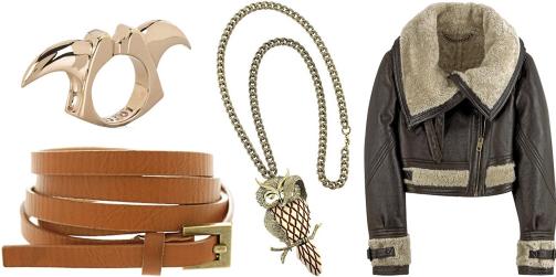 FRA VENSTRE: Belte fra Asos (kr 96), 22 karat gullbelagt ring fra Dominic Jones (kr 4698), aviator skinnjakke med saueullsf�r fra Burberry Prorsum (kr 16.500). Foto: Net-a-porter.com, produsenten