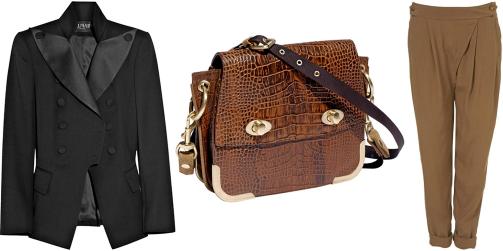 FRA VENSTRE: Smokinjakke fra Balmain (kr 25.715), veske fra HM (kr 699), haremsbukse fra Topshop (kr 350). Foto: Net-a-porter.com, produsenten