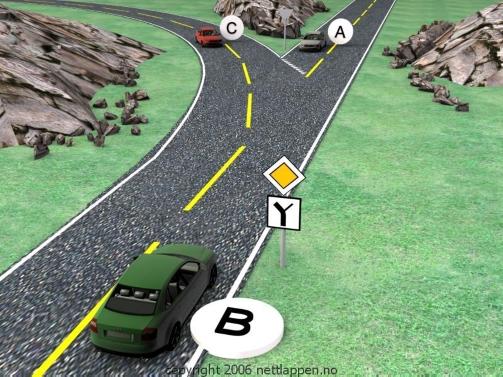 11. HVILKE AV BILENE KJ�RER
P� FORKJ�RSVEI?
a. Bil A. b. Bil B. c. Bil A og B. d. Bil B og C.
e. Bil A og C.