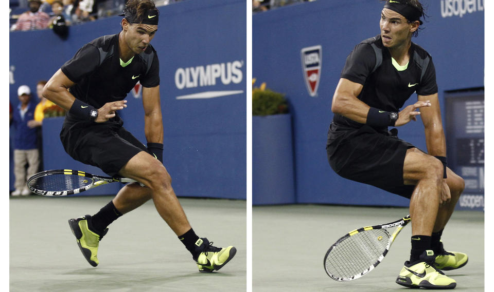 TRIKS: Rafael Nadal hadde overskudd til � skudd mellom egne bein i nattas kamp. Foto: REUTERS/Kevin Lamarque