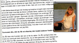 BREV P� NETT:Pia Beathe Pedersen sa opp jobben sin i NRK p� direkten, og gav samtidig arbeidsgiveren kraftig skriftlig refs.  Foto: Privat / faksimile NRK.no