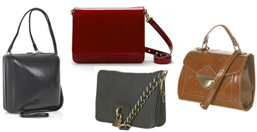 FRA VENSTRE: Maison Martin Margiela (kr 7750), r�d veske fra Zara (kr 559), Topshop (kr235) og brun veske fra Topshop (kr 300)