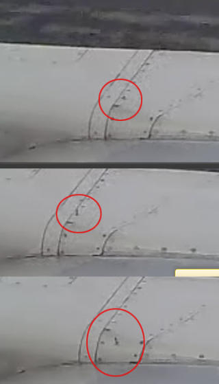 FALT AV: Bilder fra videoen viser delen som l�sner og faller av flyvingen. FOTO/VIDEO: Tom L. Nilsen