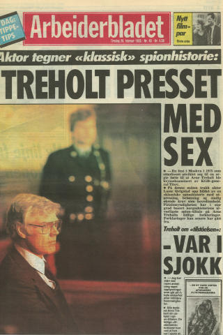 BRUKTE ORGIE-HISTORIEN: Arbeiderbladet, Arne Treholts gamle arbeidsplass, rapporterte fra rettssaken, hvor aktoratet tegnet et bilde av Treholt som lurt i en honningfelle. BRUKTE ORGIE-HISTORIEN: Arbeiderbladet, Arne Treholts gamle arbeidsplass, rapporterte fra rettssaken, hvor aktoratet tegnet et bilde av Treholt som lurt i en honningfelle.