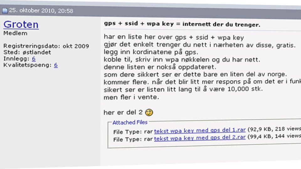 POLITIANMELDES: Brukeren Groten anmeldes etter � ha publisert 10 000 passord til Telenor-rutere. Han lovet ogs� for en uke siden � komme med flere lister. Faksimile: Norsk Freak Forum