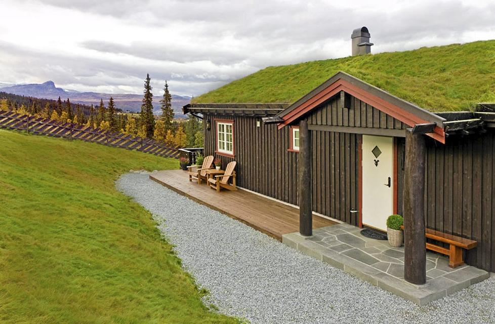 SELVTEGNET HYTTE: Etter en byggeperiode p� dr�yt to �r, sto hytta ferdig. Lengst bak kan man se Bitihorn stikke opp. Foto: Roger Samdal