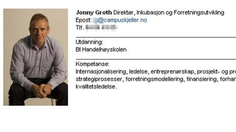 EN BL�FF: Jonny Groth har utdanning fra BI, men ikke p� langt n�r s� mye som han ga uttrykk for overfor Campus Kjeller. Skjermdump: Campus Kjeller