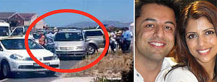 EN TATT: Dewani ble funnet i baksetet p� bilen som er innringet p� bildet. Til h�yre er hun sammen med ektemannen. Foto: Andrea Thonoldo/Expressen og privat