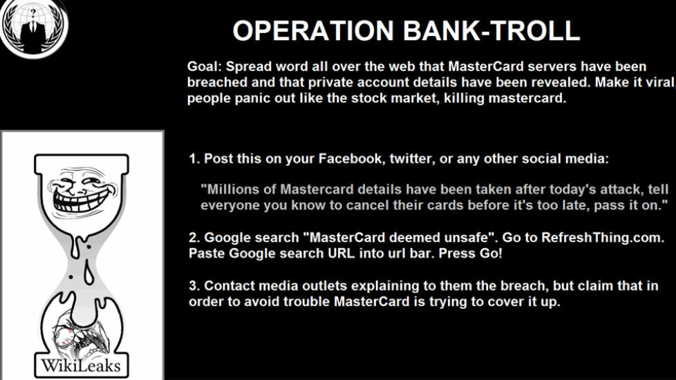 CYBER-KRIG: Her er beskjeden hackergruppa Anonymous sprer p� nettet for � f� folk til � spre rykter om sikkerhetsfeil hos Mastercard. (Faksimile)