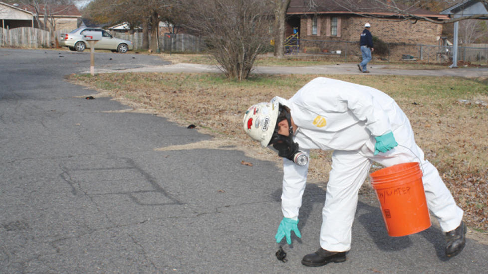 D�DE FUGLER: Over 1000 d�de svarttrost har blitt funnet i byen Bebee i Arkansas. �rsaken kan v�re nytt�rsraketter. Foto: AP Photo/The Daily Citizen, Warren Watkins/Scanpix