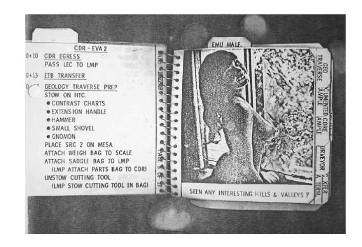 GEOLOGI-SJEKKLISTE: Reservemannskapet til Apollo 12 klistret ogs� toppl�sbilder inn i sjekklistene som ble brukt under utforskning av Stormenes hav p� M�nen. �Sett noen interessante bakker og daler?� sp�r de til det formfulle fotografiet. Faksimile: NASA