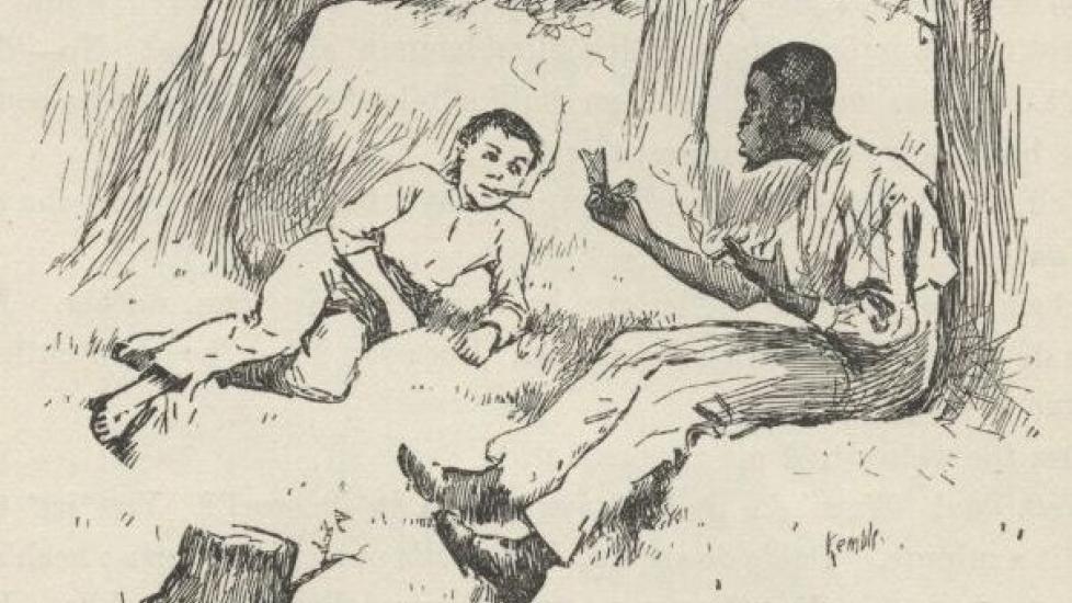 RASISTISK? Mark Twains �Huckleberry Finn�, om den unge gutten Huckleberry Finn og hans reise nedover Missisippi sammen med den r�mte slaven Jim, blir av mange regnet som en av verdens f�rste antirasistiske romaner. Men mange av ordene i boka fra 1884 blir i dag regnet som sv�rt rasistiske. Foto: FRA BOKA, VIA GUTENBERG.ORG