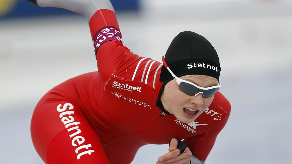 Norway's Hege Bokko competes on her way to take 7th place during the speed skating women's 500m event, at the European Speedskating Championships, in Collalbo, Italy, Saturday, Jan. 8, 2011. (AP Photo/Antonio Calanni)