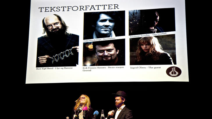 DE NOMINERTE: De nominerte til �rets tekstforfatter var opprinnelig Egil Hegerberg,  Odd Nordstoga, Erik Fosnes Hansen, Susanne Sundf�r og Ingrid Olava. Presentert av programlederne Solveig Kloppen og Ivar Johansen. Foto: Anders Gr�nneberg