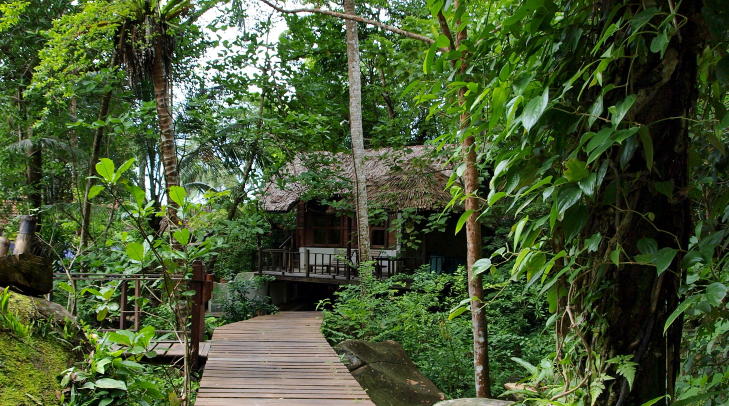 JAPAMALA: En gangsti av treplanker knytter hyttene sammen.