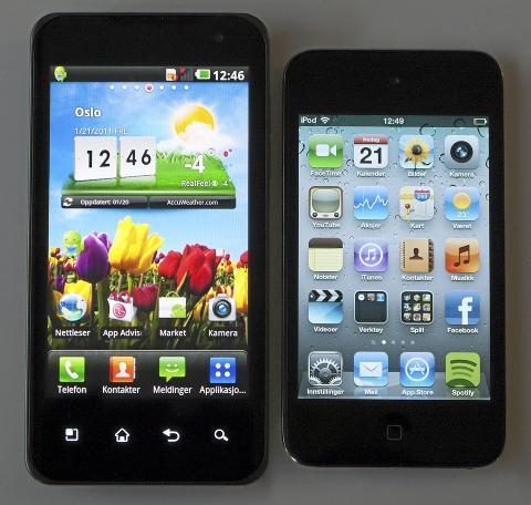 STORSKJERM: LG Optimus 2X har en fire tommer stor skjerm, som er merkbart st�rre enn 3,5 tommer skjermen til iPhone 4, eller i dette tilfellet iPod Touch. FOTO: Lars Vidar Nordli