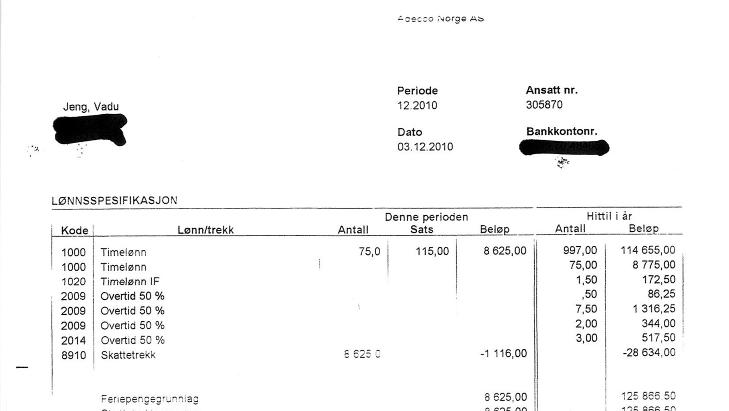 SLIK DUMPET ADECCO L�NNINGEN: L�nnsslipper viser at Vadu Jeng har f�tt betalt 115 kroner i timen for � jobbe for Oslos kommunale barnehager. Det er 22 kroner under lovp�lagt minsteniv�, som er 137,72 kroner i timen.