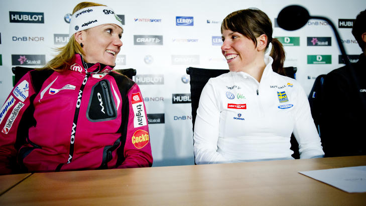 SPONSORTREFF: Majdic (t.v) og Charlotte Kalle vil begge to gjerne utfordre Marit Bj�rgen i morgen. Foto: Thomas Rasmus Skaug / Dagbladet