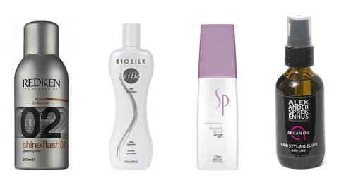 FRA VENSTRE: Redken Shine Flash (kr 268), Biosilk Hair Therapy (kr 219), SP Hydrate Finish (kr 249) og Alexander Sprekenhus Hair Elixir (kr 349). Foto: produsentene