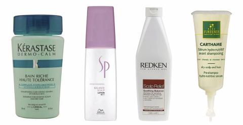 FRA VENSTRE: K�rastace Bain Riche Dermo Calm (kr 209), SP Balance Scalp Lotion (kr 249), Redken Soothing Balance shampoo (kr 268) og Ren� Furterer Carthame preshampoo hydro serum (kr 429). Foto: produsentene