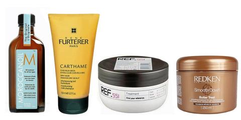 FRA VENSTRE: Moroccan Oil Treatment (kr 300), Ren� Furterer Moisturizing Milk shampoo (kr 210), Ref Treatment (kr 195) og Redken Smooth Down Butter Treat (kr 414) Foto: produsentene