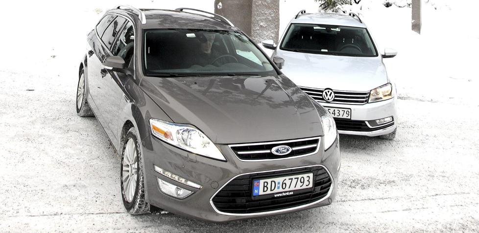 DUELL: Ford Mondeo 2,0 TDCI Powershift stv. og VW Passat 2,0 TDI DSG stv., 2011-modeller. FOTO: Egil Nordlien HM Foto