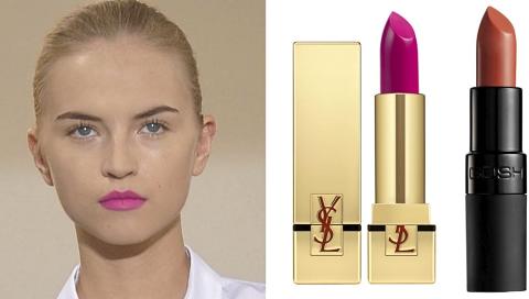 FRA VENSTRE: P� catwalken til Jil Sander, YSL Rouge Pur Couture Nr. 7 Le Fuchsia (kr  280), Gosh Velvet Touch Lipstick (kr 85). Foto: Stella, produsenten