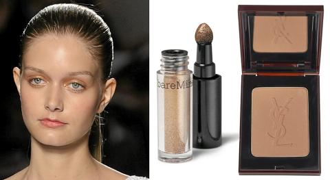 FRA VENSTRE: P� catwalken til Sportmax, bareMineral High Shine Bronzed (kr 249), YSL Terre Saharienne nr. 1 Sable (kr 355). Foto: Stella, produsenten