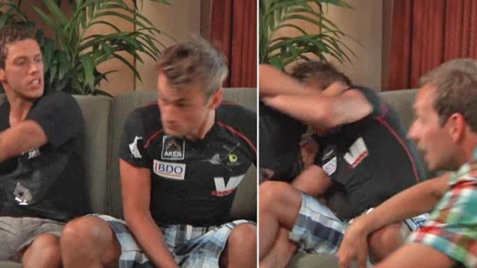 SVENSK REVANSJ: Etter det sure stafettapet tr�ster svenskene seg med denne �Torsdag kveld fra Nydalen�-sketsjen, hvor Petter Northugs svenske erkerival Marcus Hellner sl�r til den norske VM-kongen. Foto: TV 2