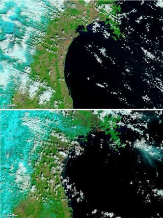 OVERSV�MT: Satelittbilder av Sendai-omr�det viser at vannet n�dde mer enn 6 kilometer inn i landet. Foto: AFP PHOTO / NASA