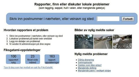 SLIK VARSLER DU: Nettstedet lar deg legge inn bilder og info om problemet du vil melde om. Skjermdump fra Fiksgatami.no.