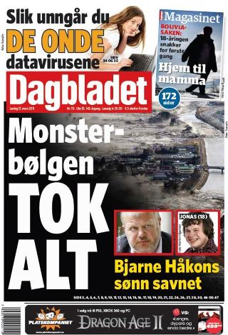 12 MARS: Slik s� Dagbladets forside ut l�rdag 12. mars.