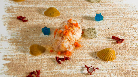 KUNSTVERK: Det ser ut som et maleri eller en dag p� stranda, men er en fiskerett p� Arzak. Hjemme kan du pr�ve steketeknikken: Fisken pensles med en marinade med mandler og stekes lynraskt p� takke eller i stekepanne.