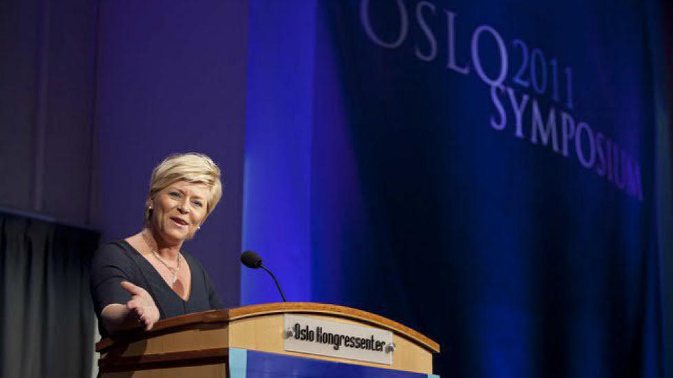 DEBATT OM OSLO SYMPOSIUM: Siv Jensen var blant talerne p� den kristenkonservative samlingen. Foto: Oslo Symposium
