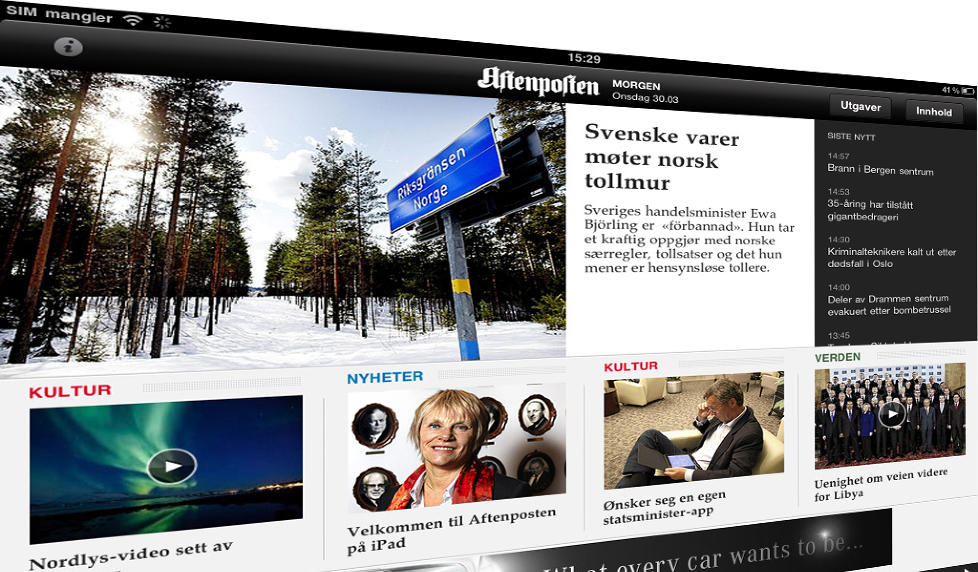 MEST HERMETIKK: En liten modul med siste nytt gj�r Aftenpostens iPad-utgave noe mer oppdatert enn enkelte konkurrenters. Men innhold eller funksjoner som utl�ser betalingvilje hos Dagbladets anmelder, glimrer med sitt frav�r. (Faksimile fra Aftenpostens iPad-utgave)