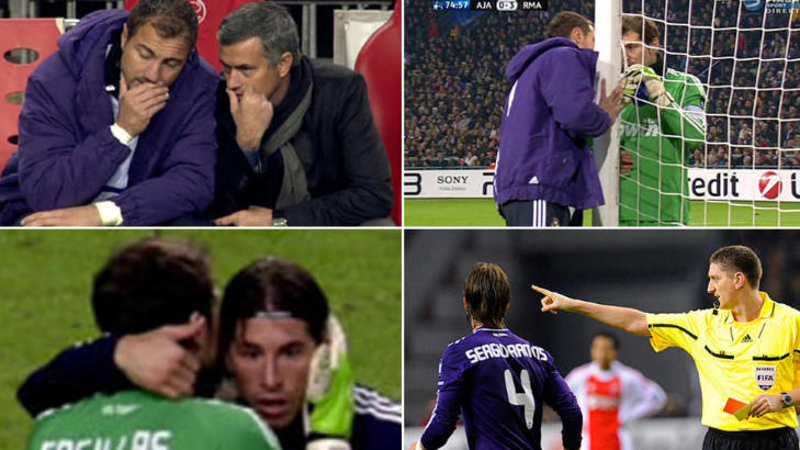 STRAFFET AV UEFA: Denne bildeserien viste hvordan José Mourinho, via mellomenn, ga Sergio Ramos beskjed om å bli utvist mot Ajax. Noen minutter tidligere ble også Xabi Alonso utvist for uthaling av tid - på stillingen 4-0 til Real Madrid. Foto: Viasat Sport/SCANPIX STRAFFET AV UEFA: Denne bildeserien viste hvordan José Mourinho, via mellomenn, ga Sergio Ramos beskjed om å bli utvist mot Ajax. Noen minutter tidligere ble også Xabi Alonso utvist for uthaling av tid - på stillingen 4-0 til Real Madrid. Foto: Viasat Sport/SCANPIX