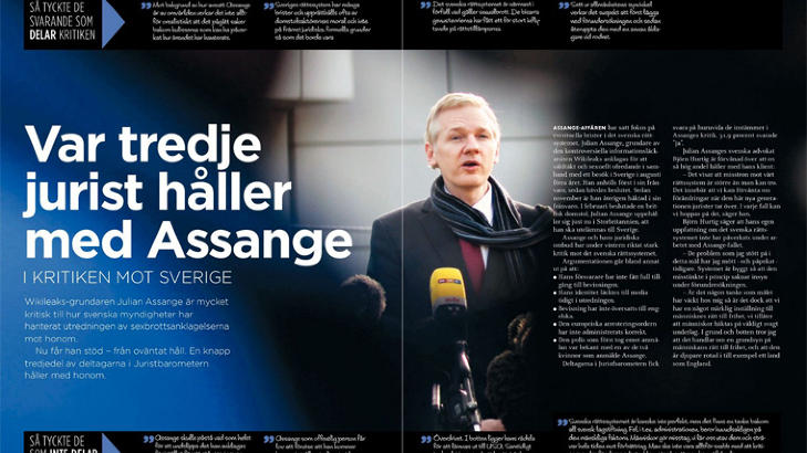 F�R ST�TTE: En av tre svenske jurister holder med Julian Assange. Det kommer fram i �Juristbarometeret� til det svenske tidsskriftet Legally Yours. Foto: Faksimile av Legally Yours