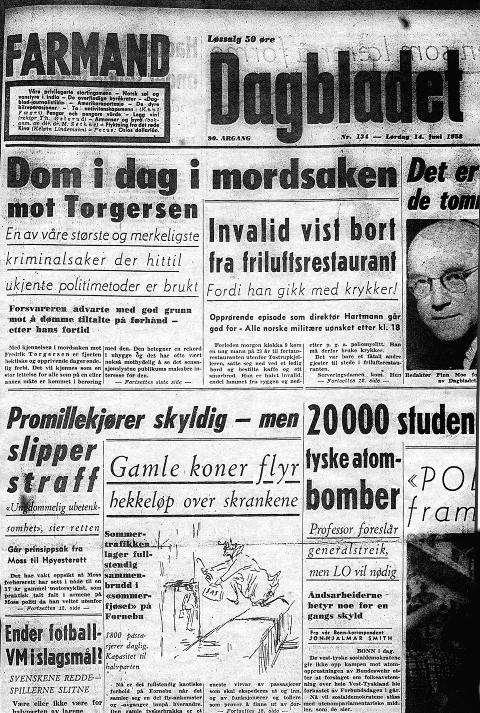 MENER MEDIA FORH�NDSD�MTE: Torgersenkampanjen peker p� at media blant annet knyttet Torgersen til likskjending i 1955, noe han aldri ble d�mt for. VGs krimjournalist Michael Grundt Spang avviste i sin bok Torgersensaken forh�ndsd�mming. Torgersens navn ble ikke nevnt i avisene i 1955. I 1958 hentet avisene fram saken. Det ble kjent at Torgersen var blitt arrestert for innbruddsfors�k i likkapellet. Dette er Dagbladet 14. juni 1958, da dommen mot ham falt.