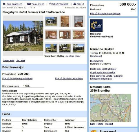 SKOGSHYTTE: Denne t�mmerhytta ved Brandbu kan bli din for 300 000 kroner. Faksimile: Finn.no