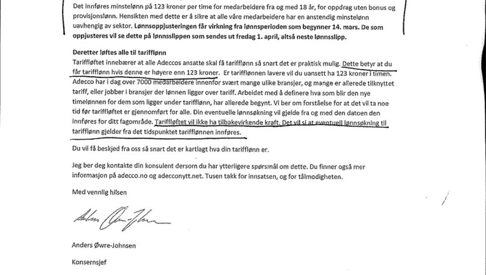 VIL IKKE BETALE TILBAKE: I et brev som Dagbladet har f�tt tilgang til kommer det fram at Adecco ikke vil tilbakebetale de som har blitt l�nnet under tariffniv�. Faksimile.