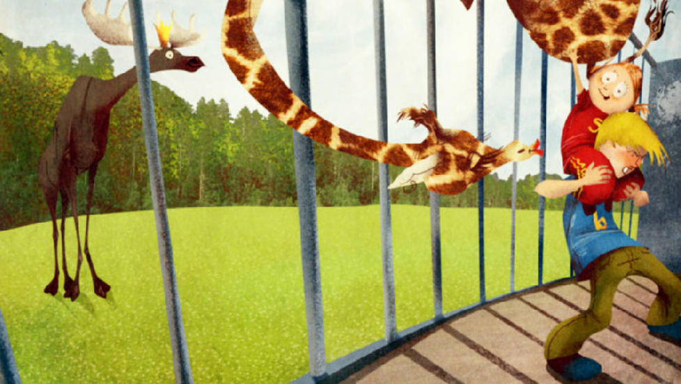 GJENNOMF�RT: Dr�mmer er velbrukte i barnelitteraturen, men Gyrid Axe �vsteng og Per Ragnar M�klebys nye bok skiller seg positivt ut. Her er lilles�ster og storebror i ferd med � hjelpe sjiraffjenta ut til kj�resten sin, elgprinsen. Bilde: FRA BOKA