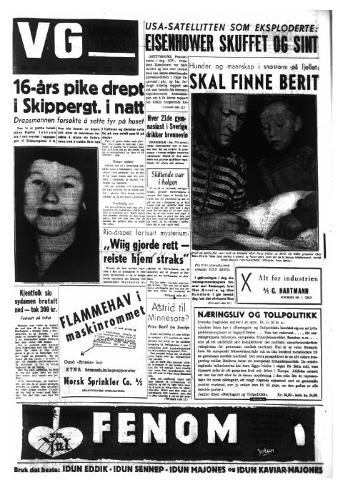 FORS�KT VOLDTATT OG DREPT: Rigmor Johnsen var 16 �r da hun ble drept i bakg�rden i sin egen byg�rd. G�rden var fors�kt tent p� for � skjule ugjerningen. Fredrik Fasting Torgersen ble arrestert samme kveld f�r drapet ble kjent, mistenkt for sykkeltyveri. Han ble raskt mistenkt for drapet. Faksimile: VG
