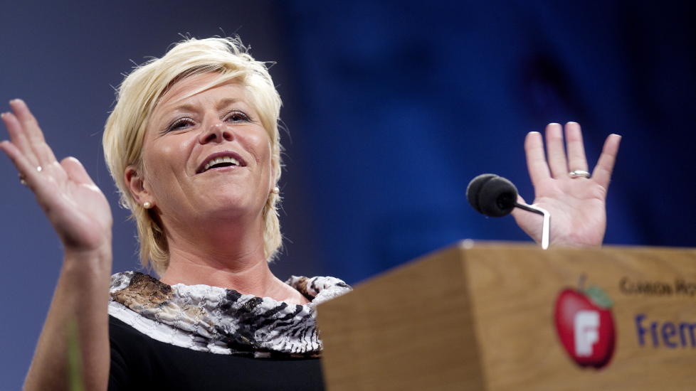 Tale: Partileder i FRP, Siv Jensen, holder tale under Fremskrittspartiet sitt landsm�te p� Gardermoen fredag ettermiddag. 
Foto: Kyrre Lien / Scanpix