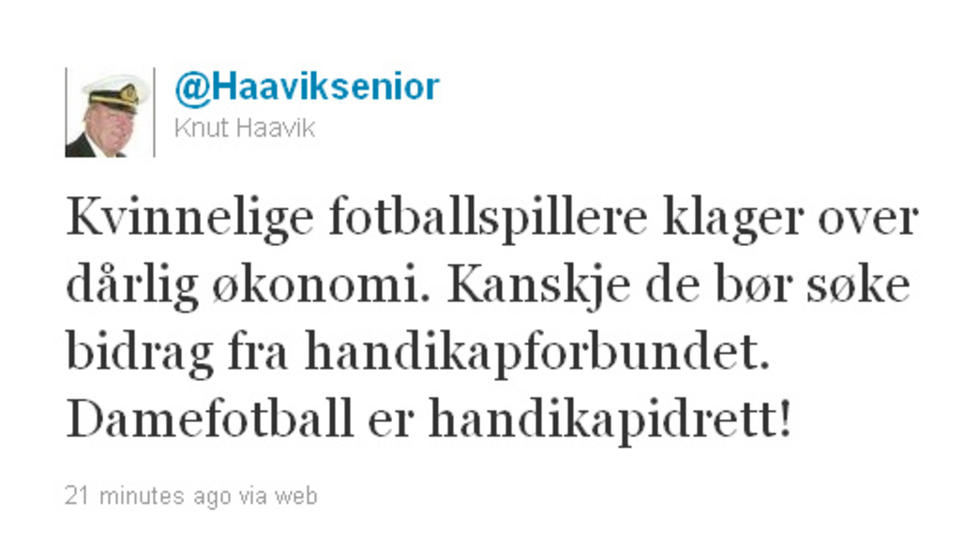 HANDIKAPIDRETT: Knut Haavik bruker twitter til � kritisere damefotball. Foto: Skjermdump/Twitter