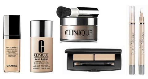 FRA VENSTRE: Chanel Lift Lumiere Foundation (kr 455), Clinique Even Better foundation (kr 275), Clinique Blended Face Powder (kr 240), Lanc�me La Touche Pro concealer (kr 400) og L'Oreal Touche Magique concealer (kr 119). Foto: produsenten