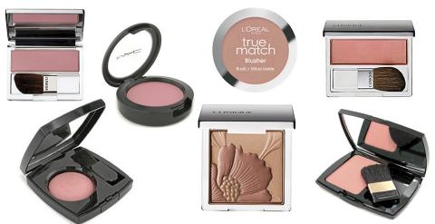 �VERST FRA VENSTRE: Clinique Blushing Blush i Smoldering Plum (kr 260), MAC Powder Blush i Dame (kr 195), L'Oreal Paris Blush i Rosewood (kr 179), Clinique Blushing Blush i Precious Posy (kr 260), Chanel  Joues Contraste i Tea Rose (kr 355), Clinique Fresh Bloom i Almond Blossom (kr 285) og Lanc�me Blush Subtil i Peach Fever (kr 350). Foto: produsenten