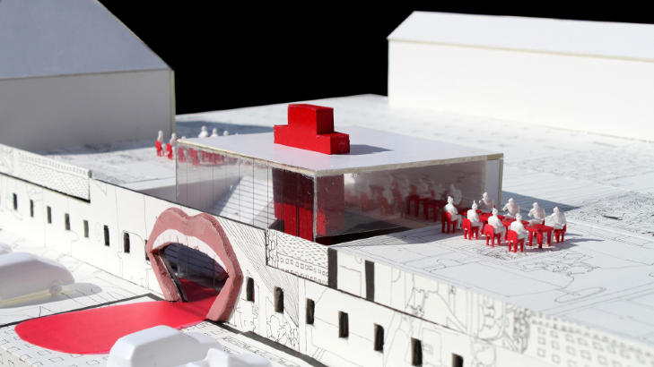 GJENNOM MUNNEN: Pushwagners kunst gjenspeiler seg i modellen av museet hans. Blant annet blir inngangspartiet formet som en gigantisk åpen munn. Foto: CODE ARKITEKTUR GJENNOM MUNNEN: Pushwagners kunst gjenspeiler seg i modellen av museet hans. Blant annet blir inngangspartiet formet som en gigantisk åpen munn. Foto: CODE ARKITEKTUR
