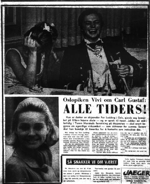 PARTYPRINS: P� fest i 1968 koste kronprinsen seg med en norsk skj�nnhet, skipsrederdatteren Vivi Lodding. Faksimie: VG