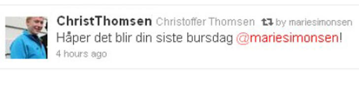 �NSKET D�D: Her er meldingen Christoffer Thomsen sendte ut i natt. N� har han slettet den og sendt ut en beklagelse til politisk redakt�r Marie Simonsen. Foto: Skjermdump/Twitter